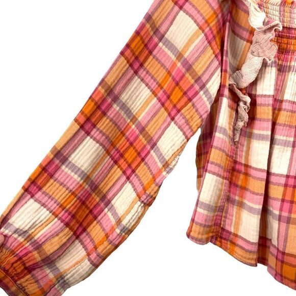 Free People Siena Plaid Pullover Blouse top‎ Size L boho - Picture 6 of 9